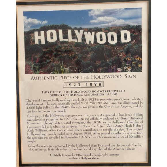 Authentic Hollywood Sign Piece Plaque With Certificate Of Authenticity In Black - Picture 2 of 12